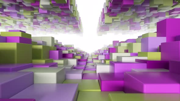 Abstract Geometric Tunnel Made of Yellow Pink Cubes with Random Movement. Seamless Loop 3d Render