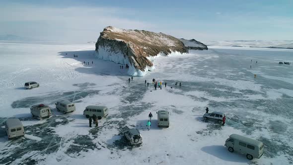 Aerial View on the Rocky Snow and Ice Covered Island in Lake Baikal