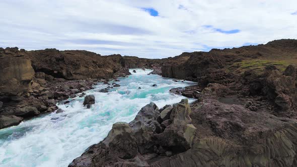 Drone Aerial View of The Aldeyjarfoss Waterfall in North Iceland