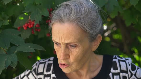 Female Portrait of Serious Dissatisfied Grandmother with Grey Hair and Face with Wrinkles Outdoors