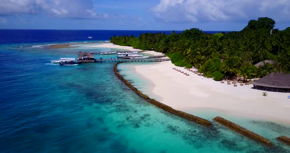 Wide aerial copy space shot of a summer white paradise sand beach and aqua turquoise water background