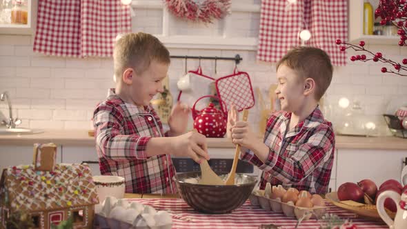 Cheerful Little Boys Preparing Cookies to Christmas Eve