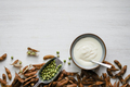 A bowl of plant based yoghurt on the white background. - PhotoDune Item for Sale