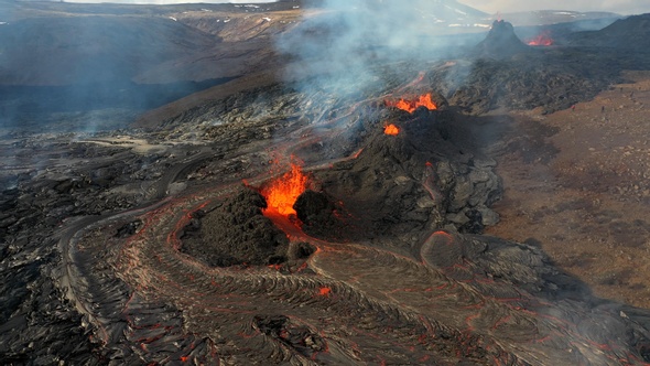 Flying Low close to Hot lava magma revealing Mount Fagradalsfjall, Iceland