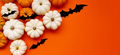 Halloween flat lay composition of black  bats and pumpkins on orange background. Halloween concept. - PhotoDune Item for Sale