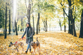 Woman walking with dog in sunny autumn park. - PhotoDune Item for Sale