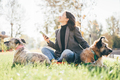 Woman walk with two dog, using phone in the park. - PhotoDune Item for Sale