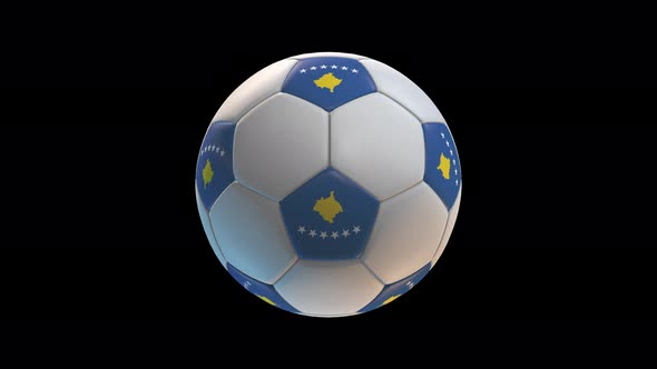 Soccer ball with flag Kosovo, on black background loop alpha alt