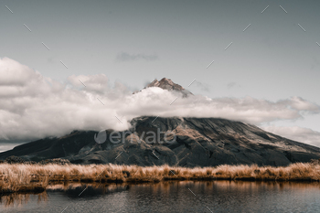 soft vegetation surrounding the lake and the impressive mountain in a beautiful nature landscape