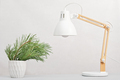 pine tree branch in white flowerpot on a table next to desk lamp. minimal office decor - PhotoDune Item for Sale