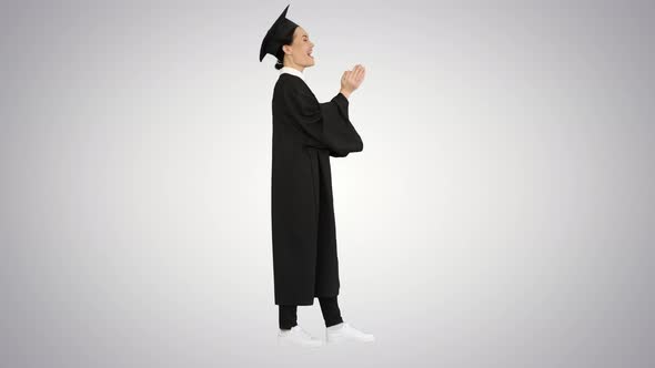 Graduation Student Woman Applauding Smiling on Gradient Background