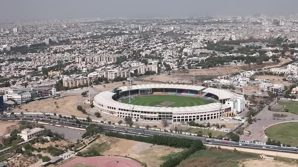 Cinematic aerial shot of cricket stadium at Karachi Pakistan.