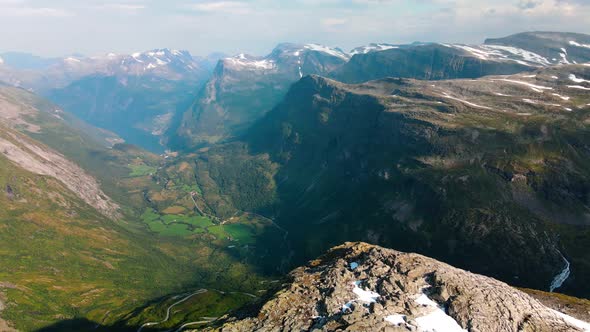 Panorama of Geirangerfjord and mountains, Dalsnibba viewpoint, Norway