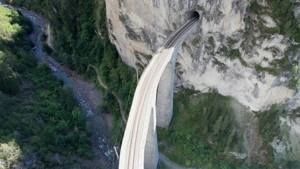 Aerial View of the Landwasser Viaduct in the Swiss Alps at Summer