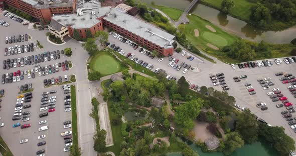 Drone flying over a beautiful golf club and resort.