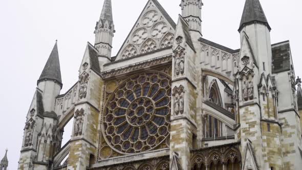 Bottom view of Gothic architecture of European Abbey