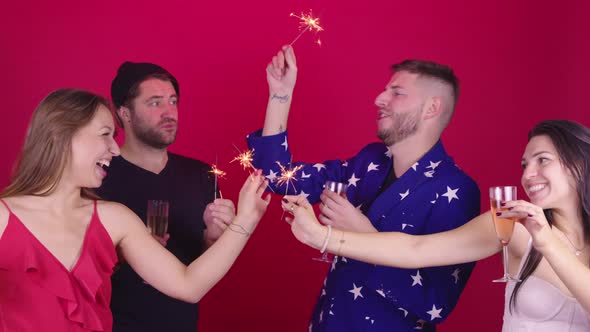 Two LGBT Couples of Gays and Lesbians Have Fun Celebrate Christmas and New Year