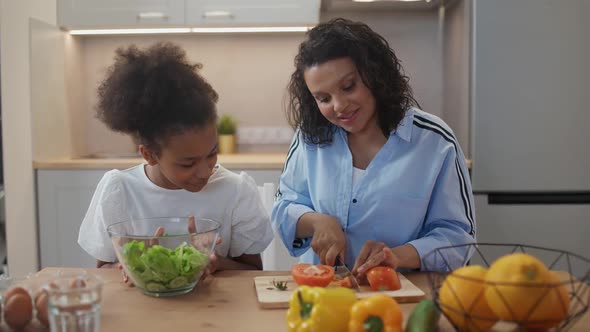 Handheld Cheerful Mother and Daughter Prepare Salad in the Kitchen Family Day African Girl Helps Her