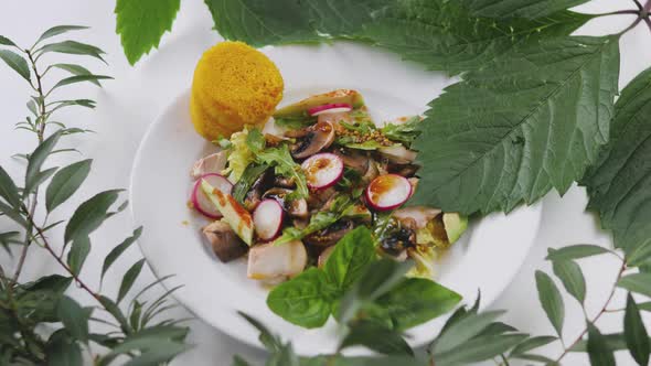 Vegetarian Salad with Radishes Among Green Branches. Healthy Food and Environmental Friendliness