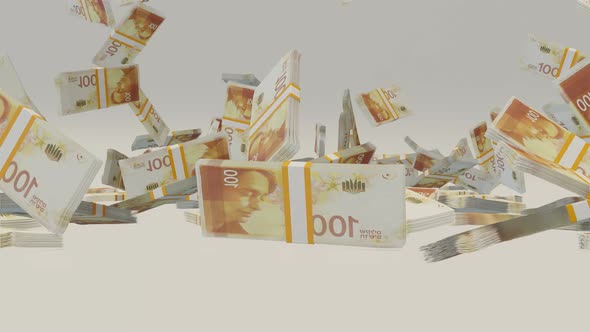 Many wads of money falling on table. 100 Israeli Shekel banknotes. Stacks of money.