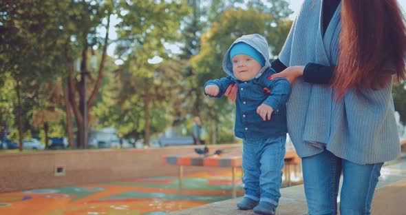 Family View Baby and Mother Holding Hand Walk in the Park