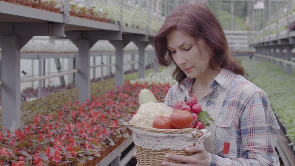 Beautiful Caucasian Woman Holding Vegetable Basket and Smiling at Camera. Portrait of Confident