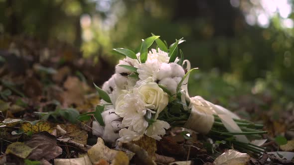 Wedding Bouquet of White Roses and Cotton