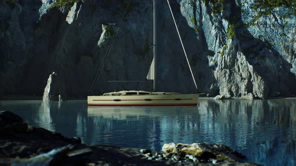 White Yacht Anchored in a Bay with Rocky Cliffs