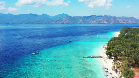 Beautiful flying island view of a sandy white paradise beach and turquoise sea background in best qu