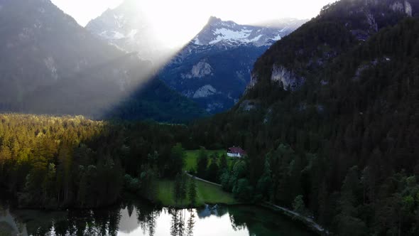 Beautiful view on an with Mountains in Schiederweiher in Upper Austria Drone Video