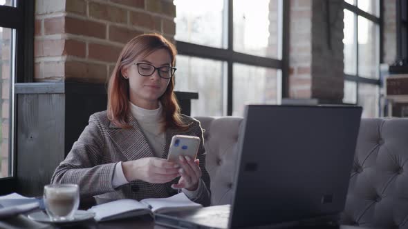 Online Business Management, Modern Business Woman in Glasses for Vision Works Remotely at Computer