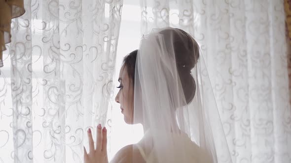 Beautiful and Lovely Bride in Night Gown and Veil, Wedding Morning, Slow Motion