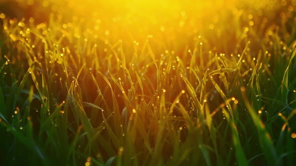 Blurred Grass Background with Water Drops. Orange Sunset