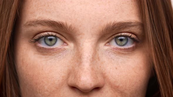 Extreme Closeup Portrait of Lovely European Woman 20s with Ginger Hair and Freckle Looking on you