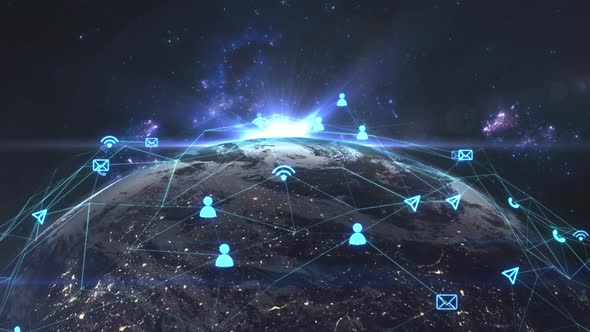 Animation of a global network with wi fi icons, people, messages around the planet and interconnecte