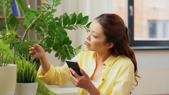 Asian Woman with Smartphone and Flowers at Home