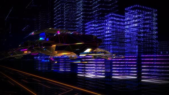 A Starship is Flying Through the Cyber City inside of the Augmented Reality