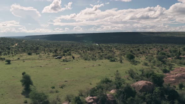 4 wheel drive on safari vacation adventure in Laikipia, Kenya. Aerial drone view