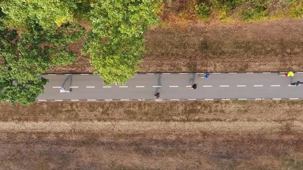 Aerial of people running marathon