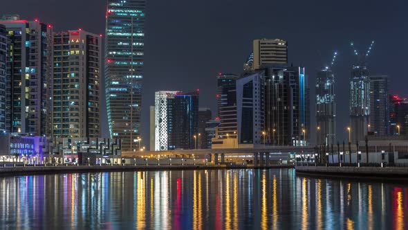 Dubai Business Bay Towers Night Timelapse