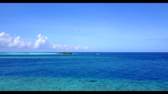 Aerial drone sky of exotic coastline beach wildlife by aqua blue water and white sand background of 
