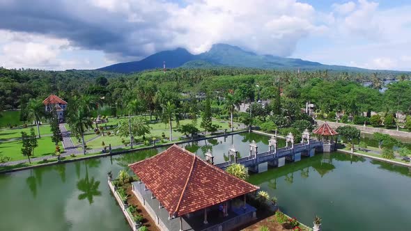 Aerial View of Bali Ujung Water Palace near Mount Agung, Bali, Indonesia.