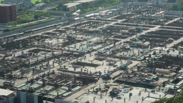 Time Lapse of Construction Site with Heavy Construction Machinery in Metropolis