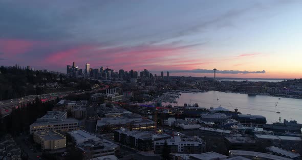 Pink Sky Sunset Aerial Above View Seattle Washington Beautiful Summer City