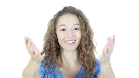 Join Us, Invitation Gesture by Woman, White Background