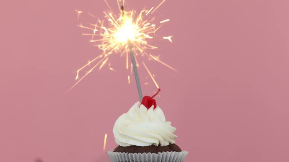 Birthday Cupcake with a Sparkler Pink Background