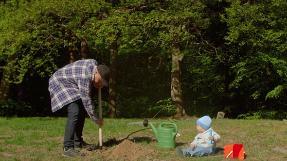 Father and 9 Month Old Son are Planting a Tree in the Park