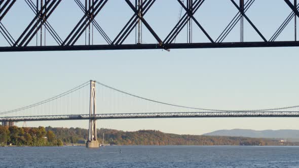 Low angle view of walkway and Mid-Hudson Bridge over Hudson river