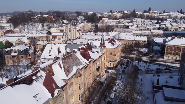 Aerial view of a drone flying over the building. 