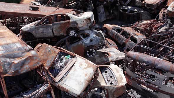 War in Ukraine a Dump of Shot and Burned Cars in Irpin Bucha District